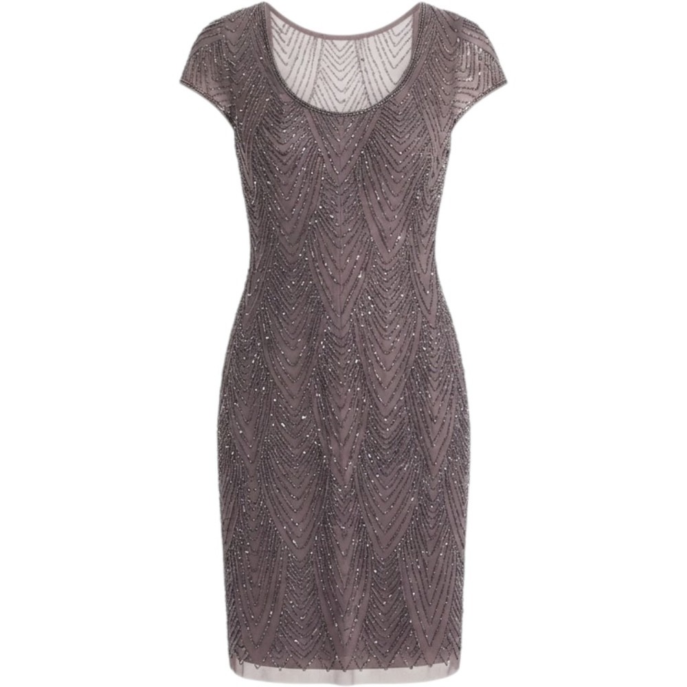 Adrianna Papell Sheath Dress Beaded Mesh Cap Sleeve Womens 4 Purple Excellent